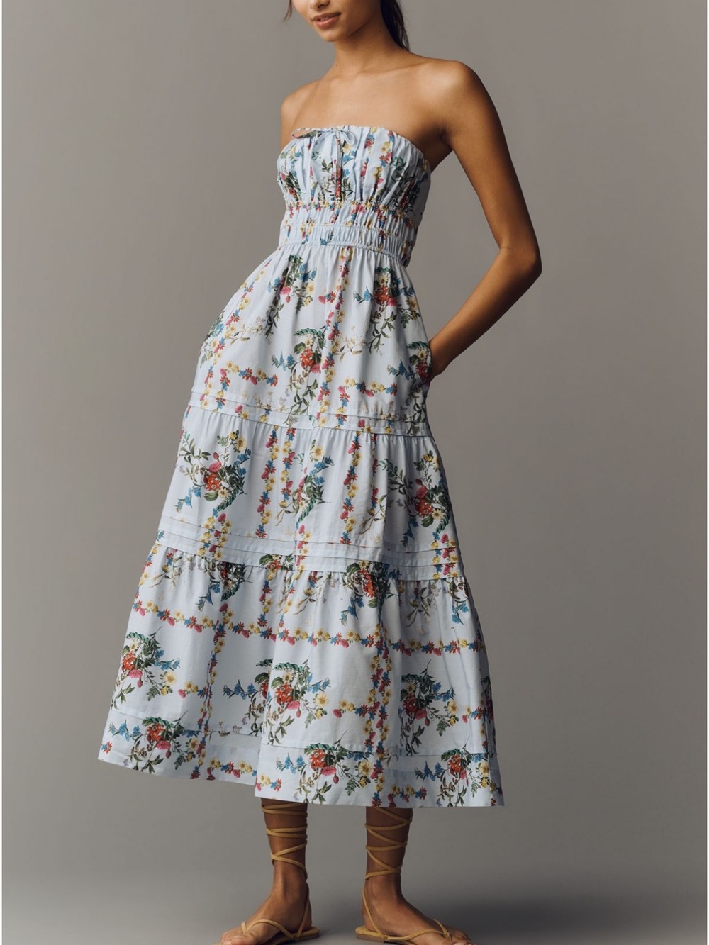 Anthropologie Light Blue Strapless Floral Tiered Midi Dress